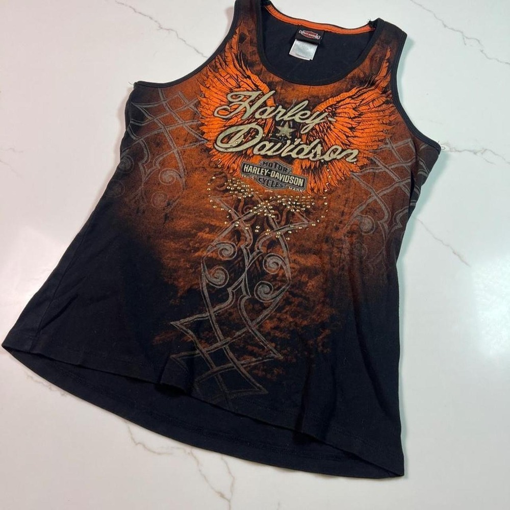 Harley Davidson Tank Top Womens XL Black Orange Rhinestone Eagle Wing Graphic